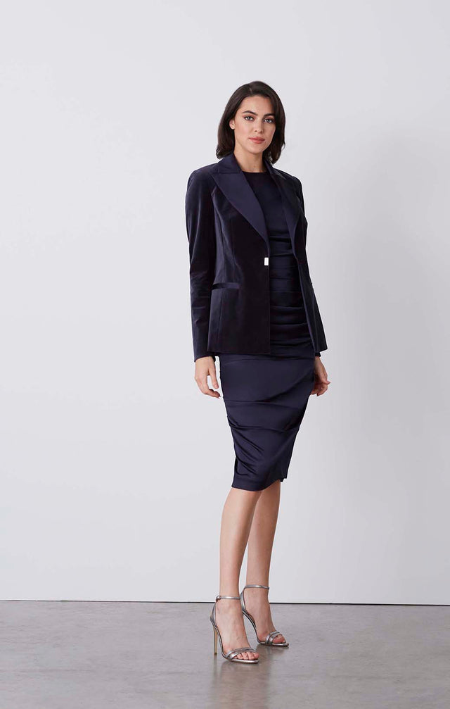 Meridian - Navy Tuxedo Jacket In Velveteen & Satin - On Model