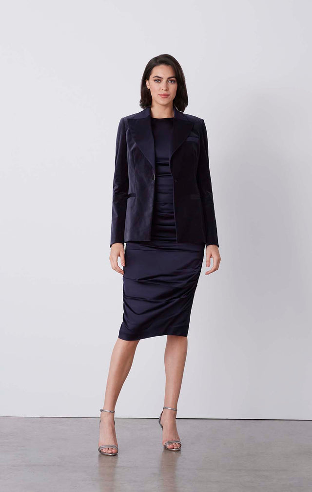 Meridian - Navy Tuxedo Jacket In Velveteen & Satin - On Model