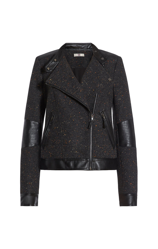 Dappled - Leather-Trimmed Knit Tweed Moto Jacket - Product Image