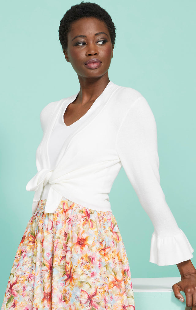 Ezra White - Ruffled White Cardigan - On Model