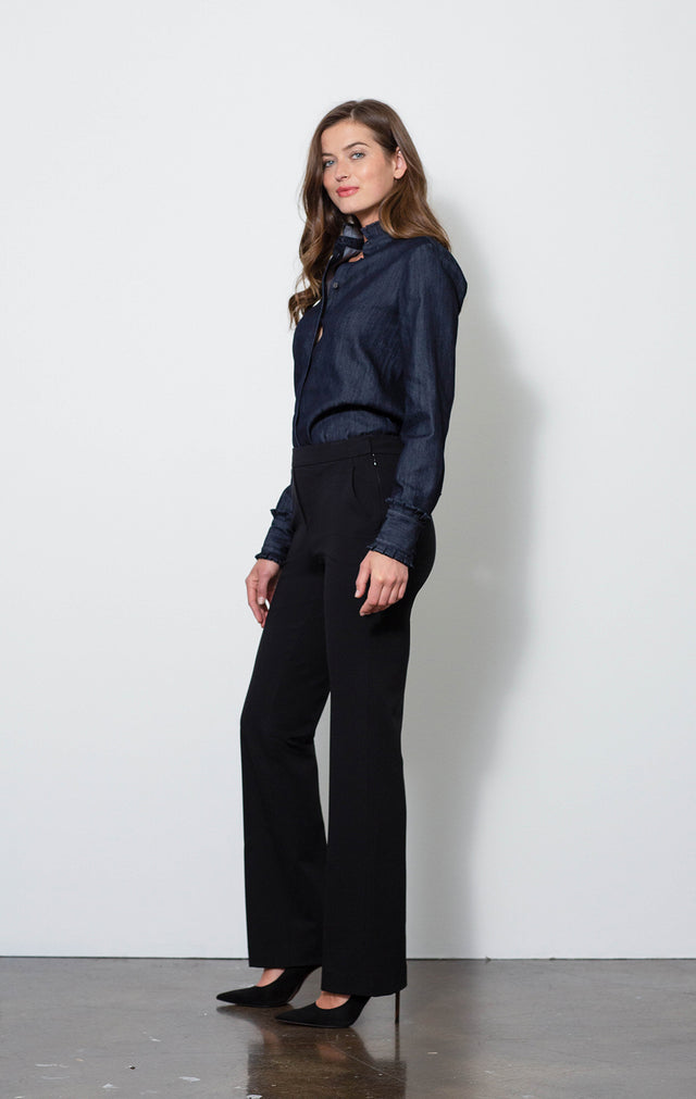  Persuasive - Silky Black Ponte Pants - On Model - With Texas Denim Blouse