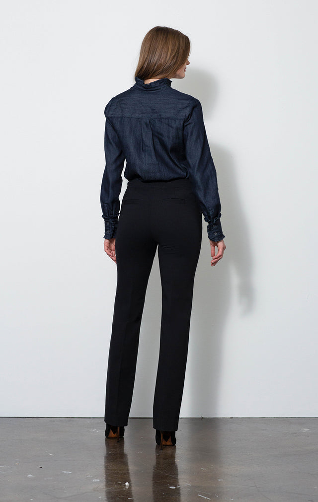  Persuasive - Silky Black Ponte Pants - On Model - With Texas Denim Blouse