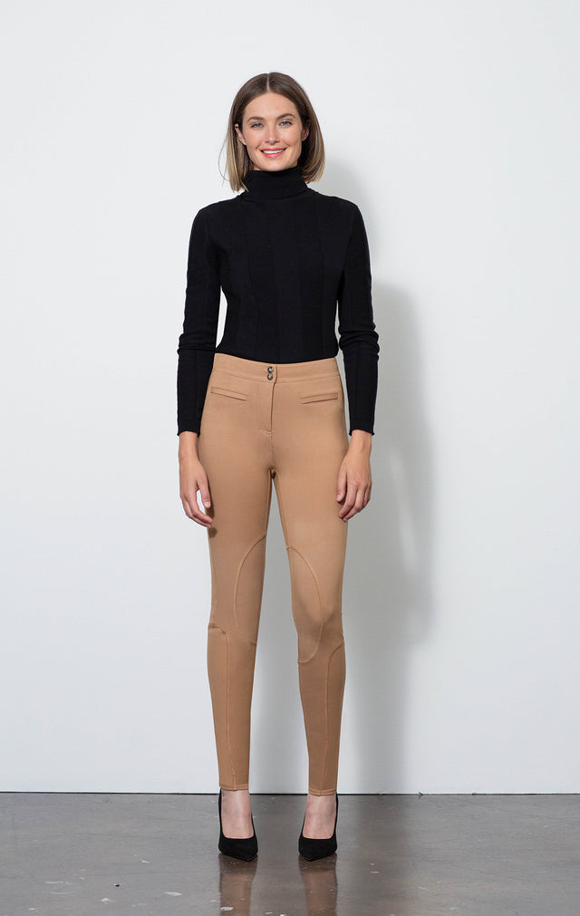 Dressage Tan - Ponte Riding Leggings - On Model - With Eugenia Black Sweater