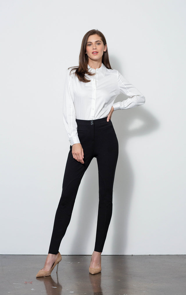 Dressage Black - Ponte Riding Leggings - On Model - With Nora White Blouse