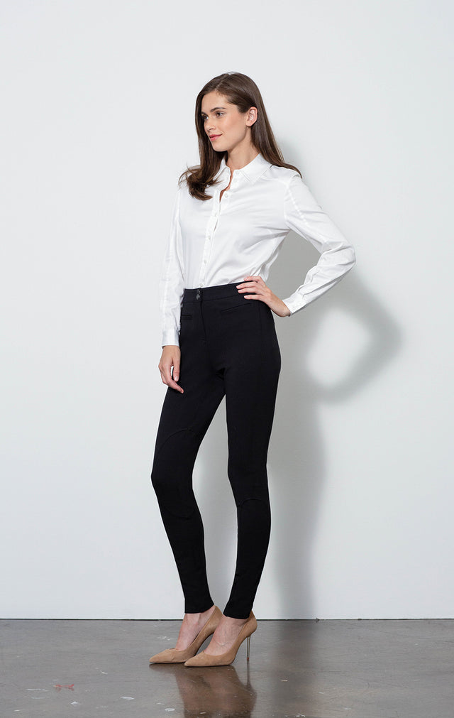 Dressage Black - Ponte Riding Leggings - On Model - With Nora White Blouse