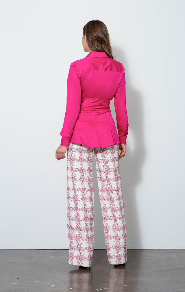 Azalea - Pink Sateen Tunic Blouse - On Model - With Rose Pants