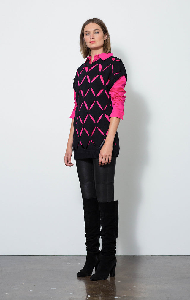 Azalea - Pink Sateen Tunic Blouse - On Model - With Glam Pants and Vision Sweater