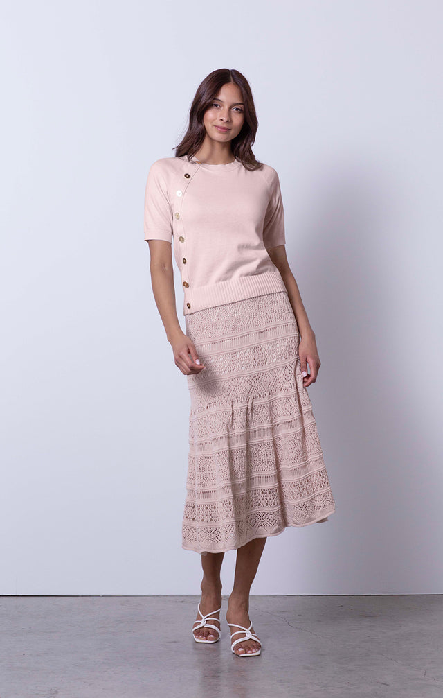 Chantilly - Button-Trimmed Champagne Sweater - On Model