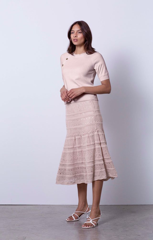 Chantilly - Button-Trimmed Champagne Sweater - On Model