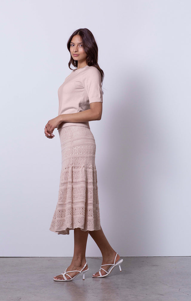 Chantilly - Button-Trimmed Champagne Sweater - On Model