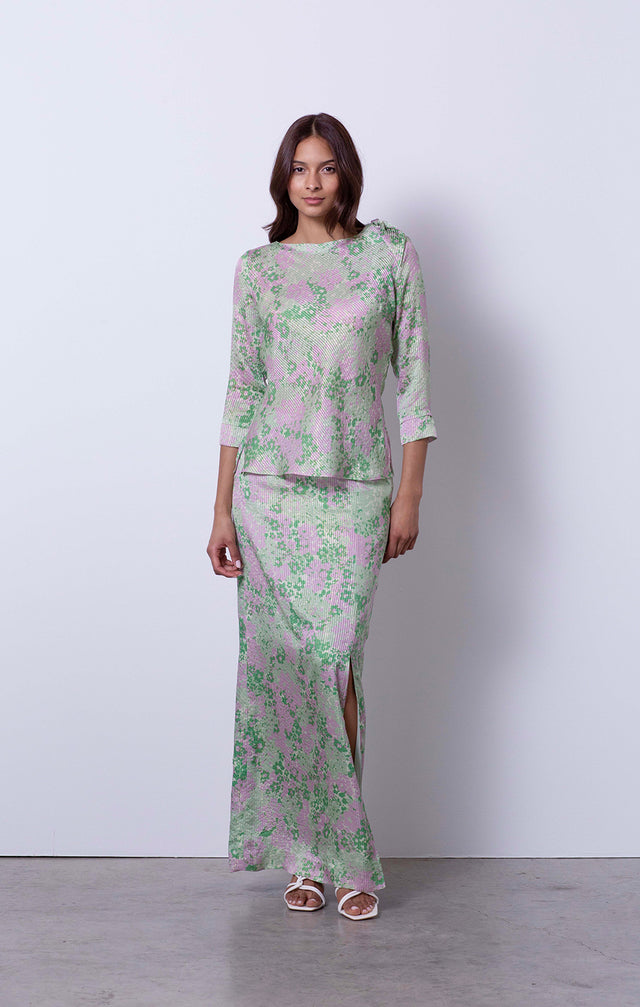Forget-Me-Not - Floral Print Metallic Silk Blouse - On Model