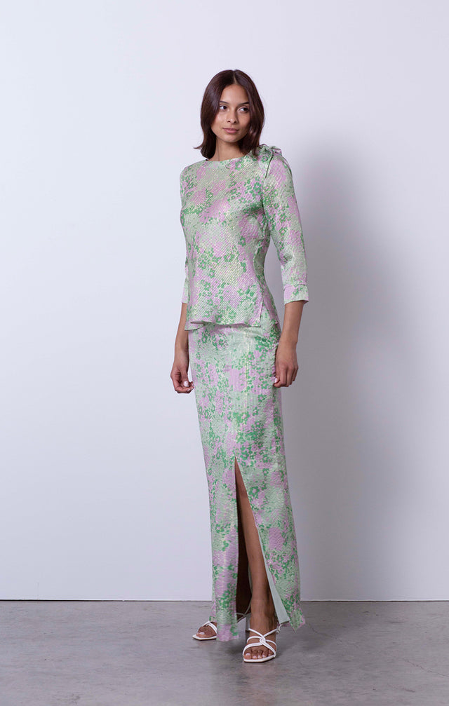 Forget-Me-Not - Floral Print Metallic Silk Blouse - On Model