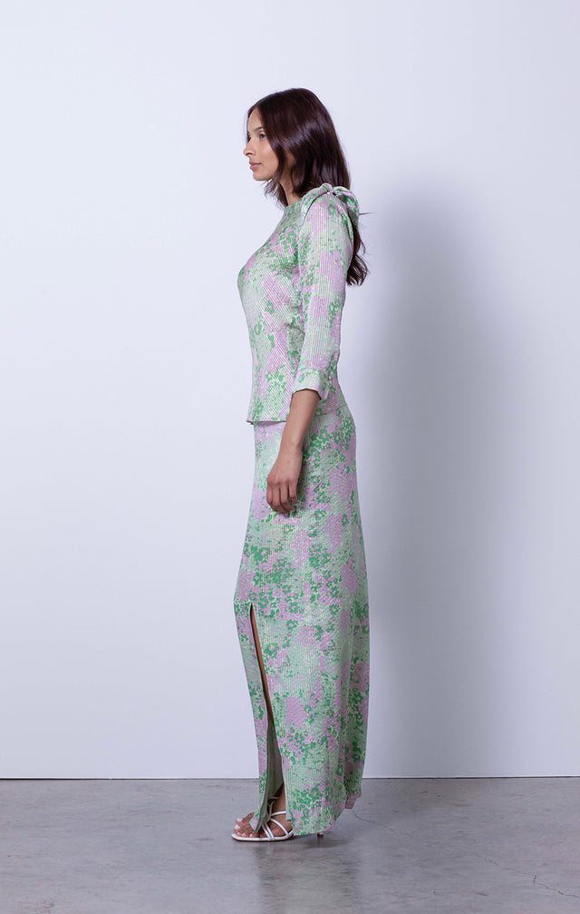 Forget-Me-Not - Floral Print Metallic Silk Blouse - On Model