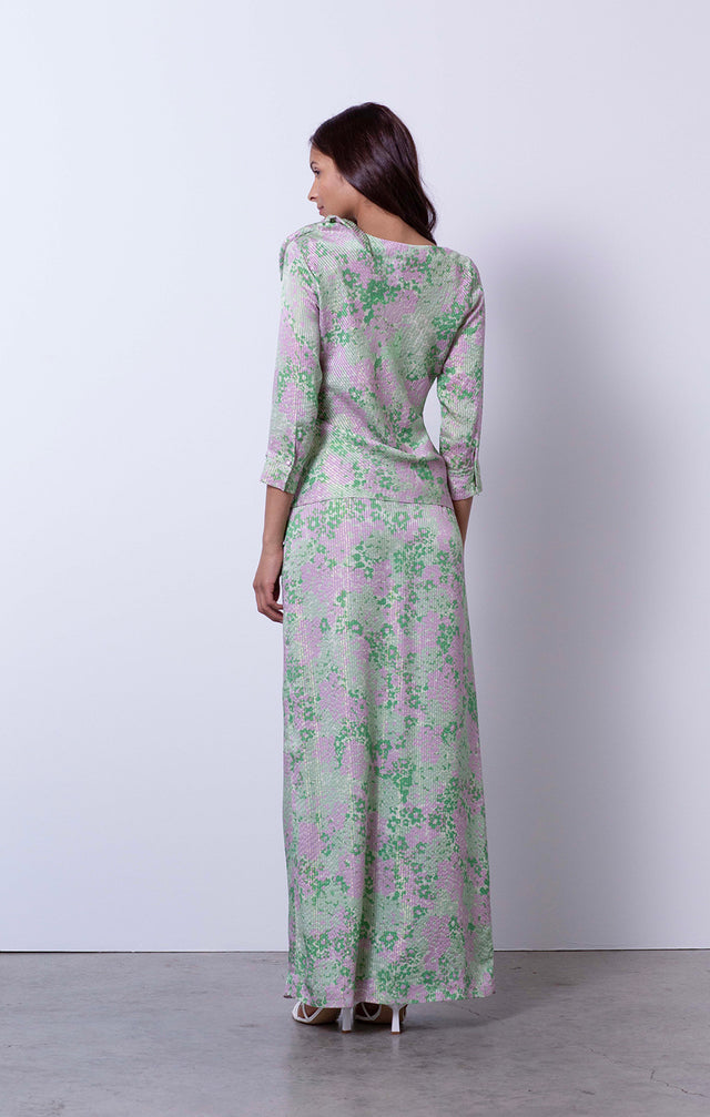 Forget-Me-Not - Floral Print Metallic Silk Blouse - On Model