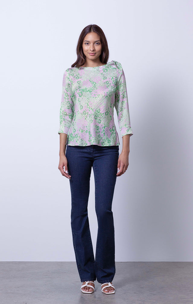 Forget-Me-Not - Floral Print Metallic Silk Blouse - On Model