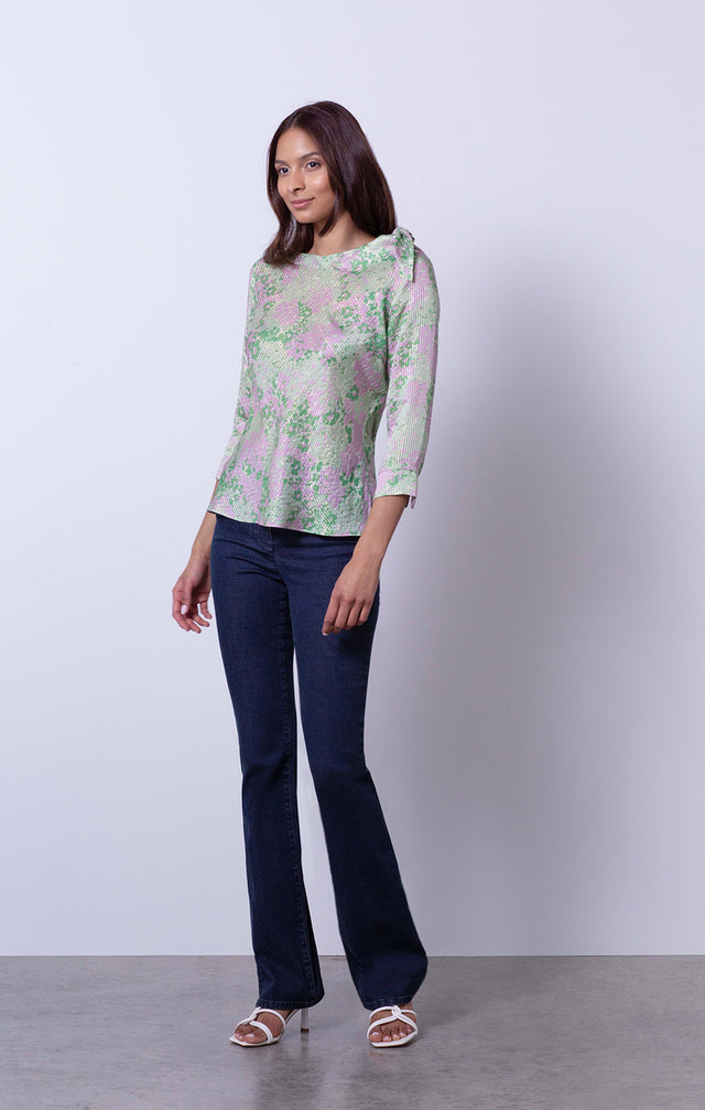 Forget-Me-Not - Floral Print Metallic Silk Blouse - On Model