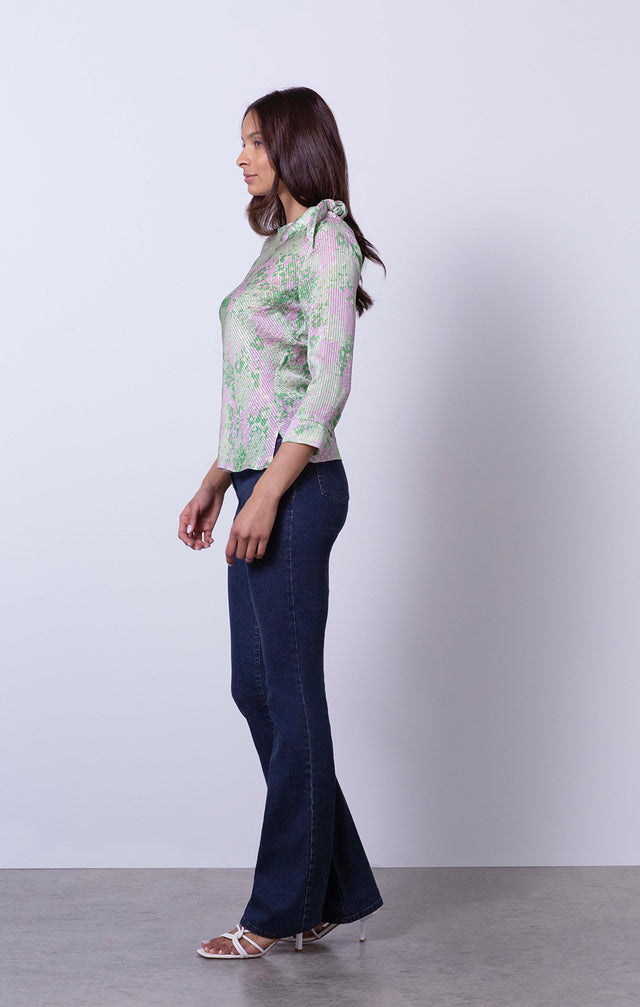 Forget-Me-Not - Floral Print Metallic Silk Blouse - On Model
