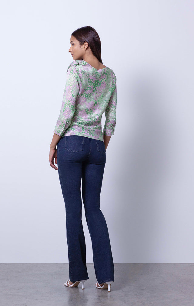 Forget-Me-Not - Floral Print Metallic Silk Blouse - On Model