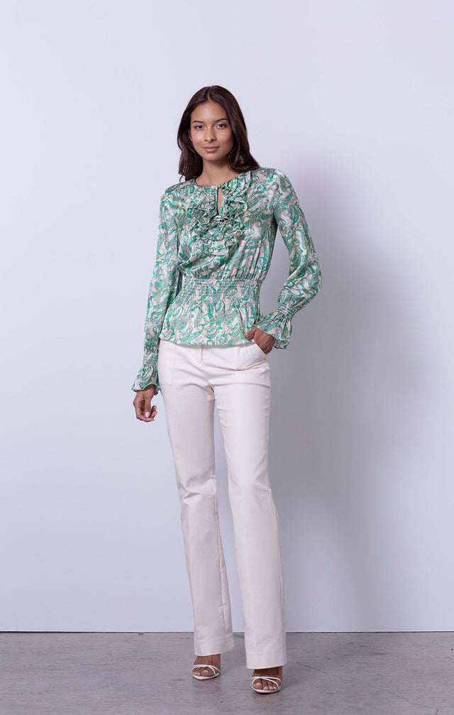 Sylvan - Leaf-Paisley Ruffled Silk Blouse - On Model