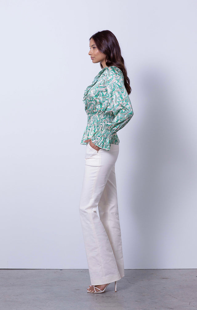 Sylvan - Leaf-Paisley Ruffled Silk Blouse - On Model
