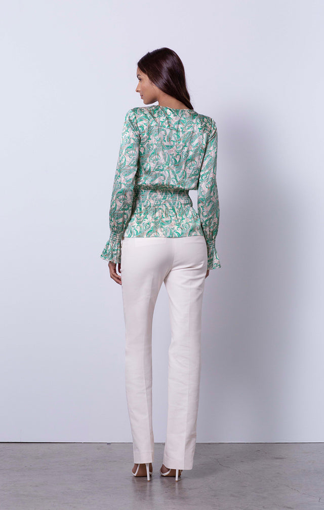 Sylvan - Leaf-Paisley Ruffled Silk Blouse - On Model