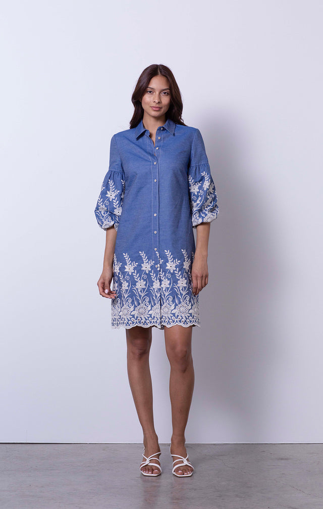 First Resort - Embroidered Chambray Dress - On Model
