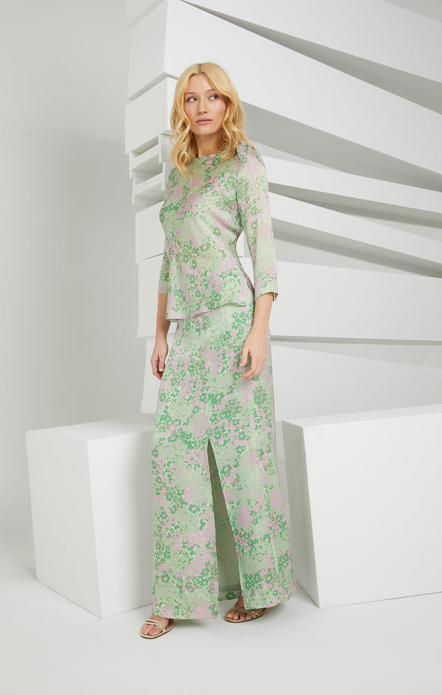 Forget-Me-Not - Floral Metallic Silk Maxi Skirt - Look