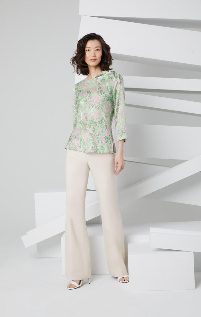 Forget-Me-Not - Floral Print Metallic Silk Blouse - Look