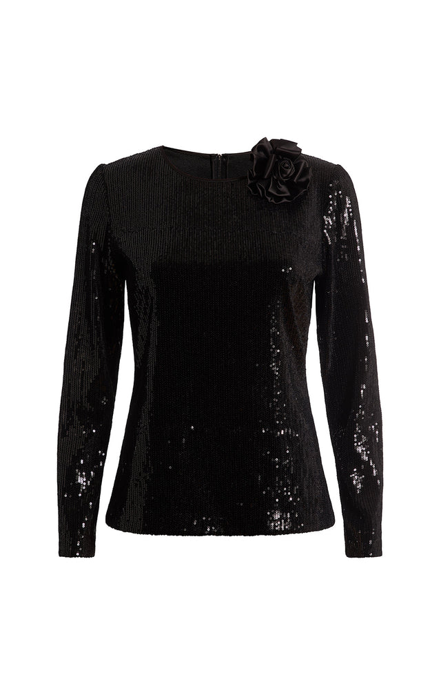 Metropolitan - Sequined Velvet Blouse With Silk Flower Pin - Product Image